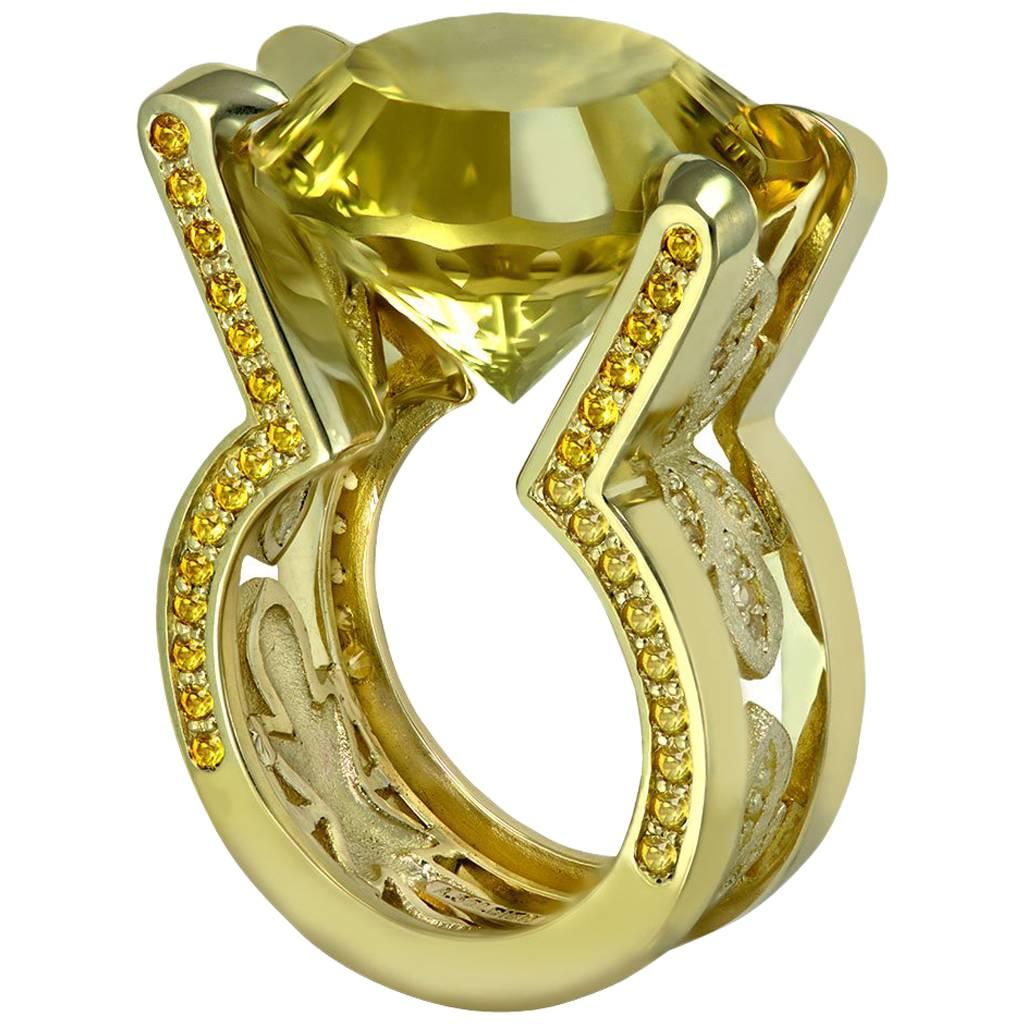 Alex Soldier Citrine Sapphire Yellow Gold Cocktail Ring One of a Kind Handmade