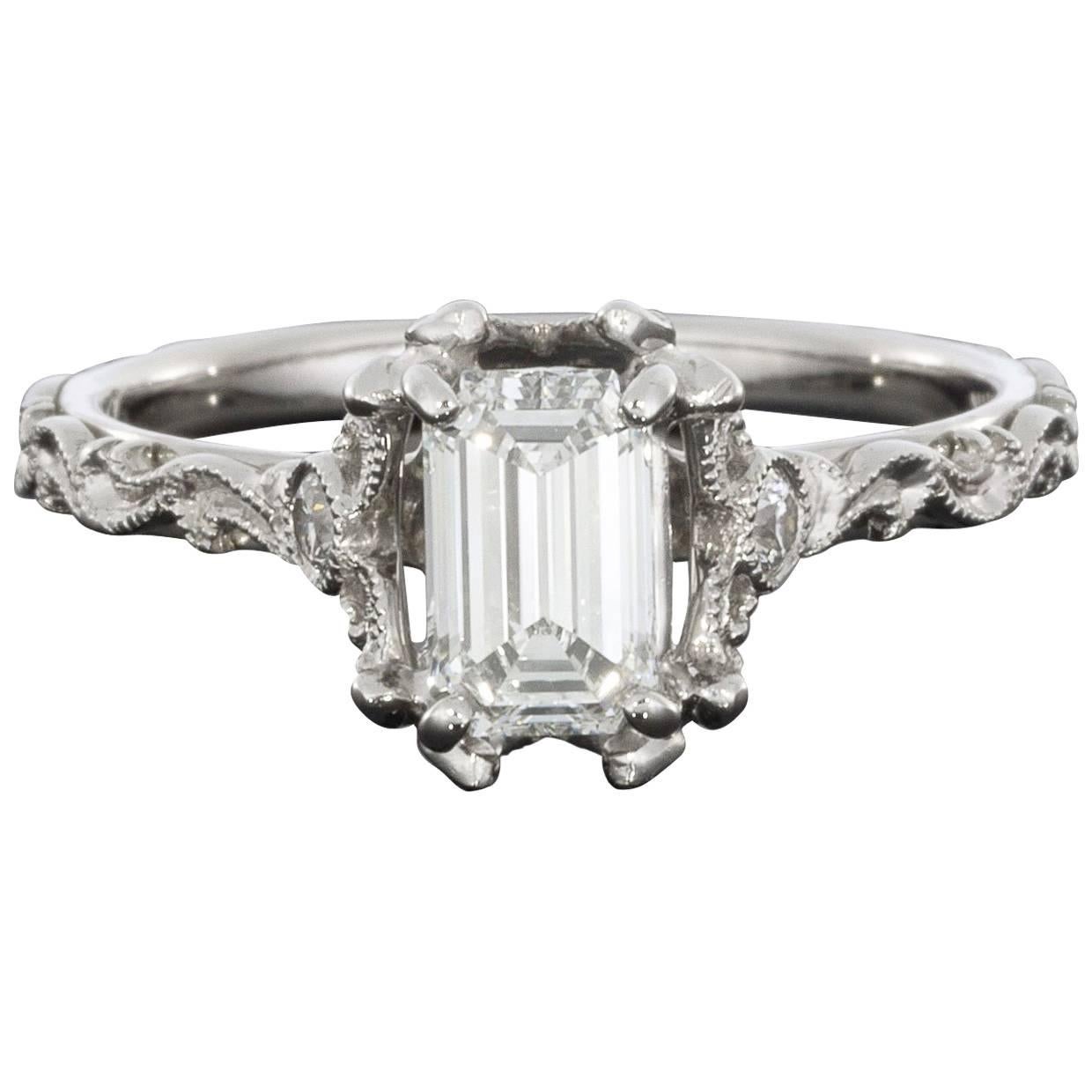 Emerald Diamond Paisley Cut-Out White Gold Engagement Ring