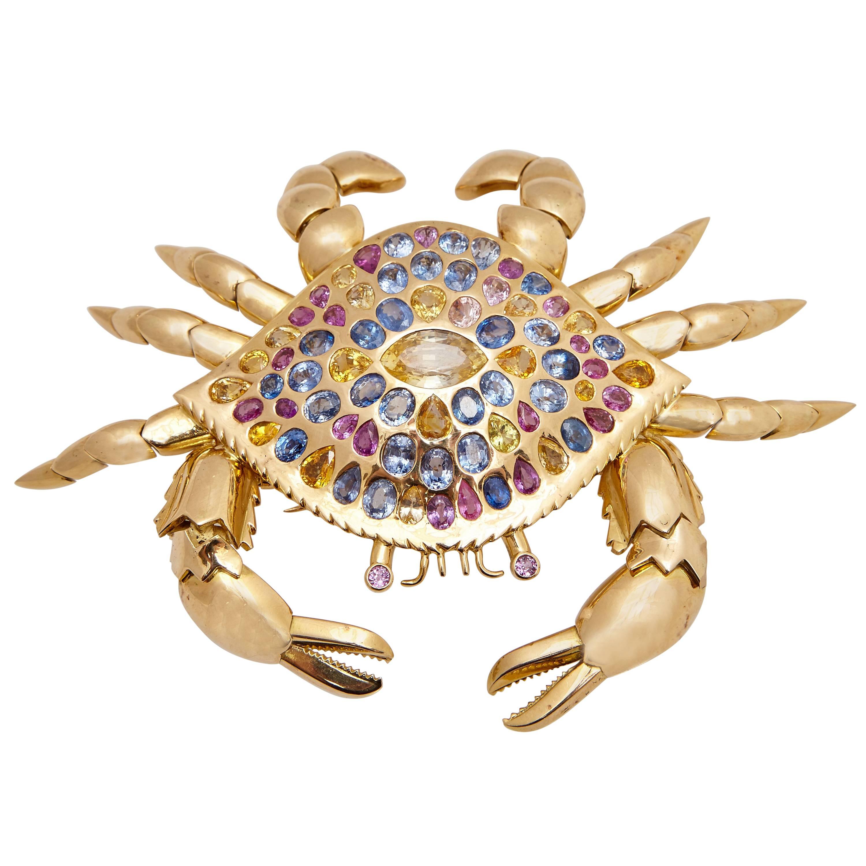 Impressionnante broche crabe en saphirs multicolores