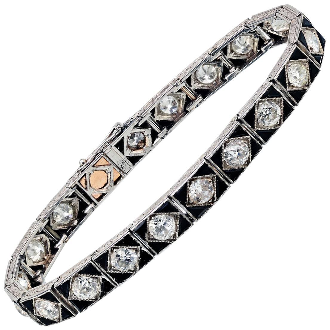 French Art Deco Diamond Onyx Platinum Bracelet