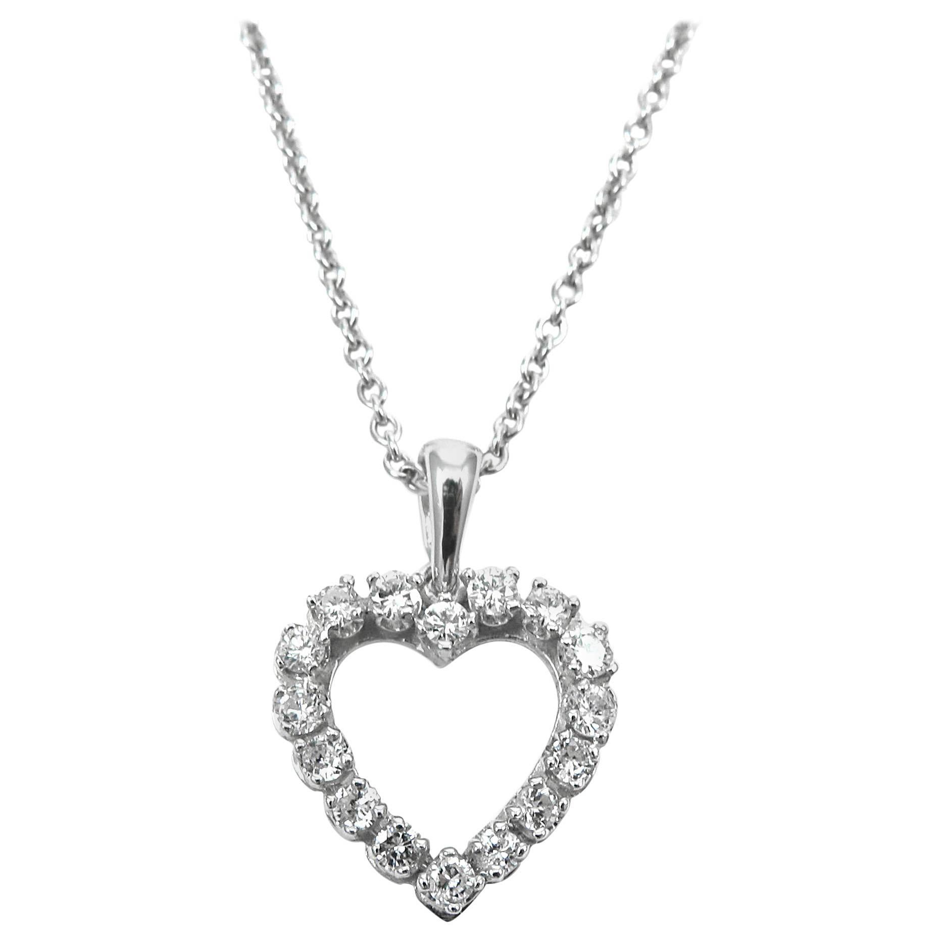 0.96 Carat Total Diamond and White Gold Heart Pendant Necklace