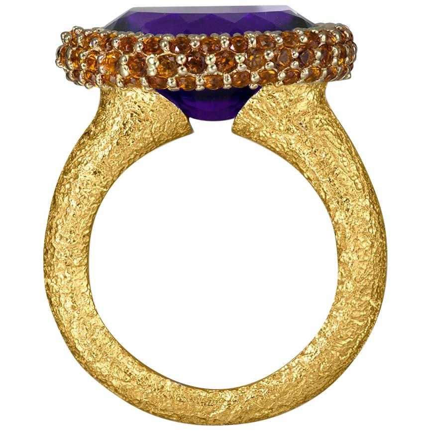 Alex Soldier Amethyst Madeira Citrine Yellow Gold Textured Ring One of a Kind