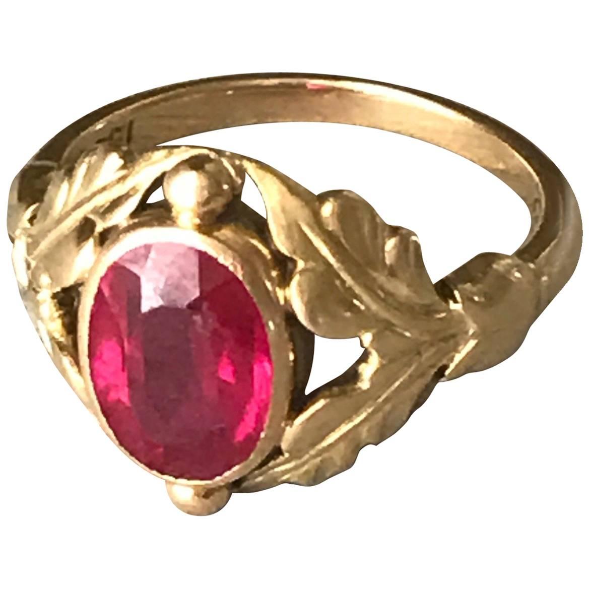 Georg Jensen 18 Karat Gold Ring with Synthetic Ruby No. 208 (Size 5.5 ) For Sale