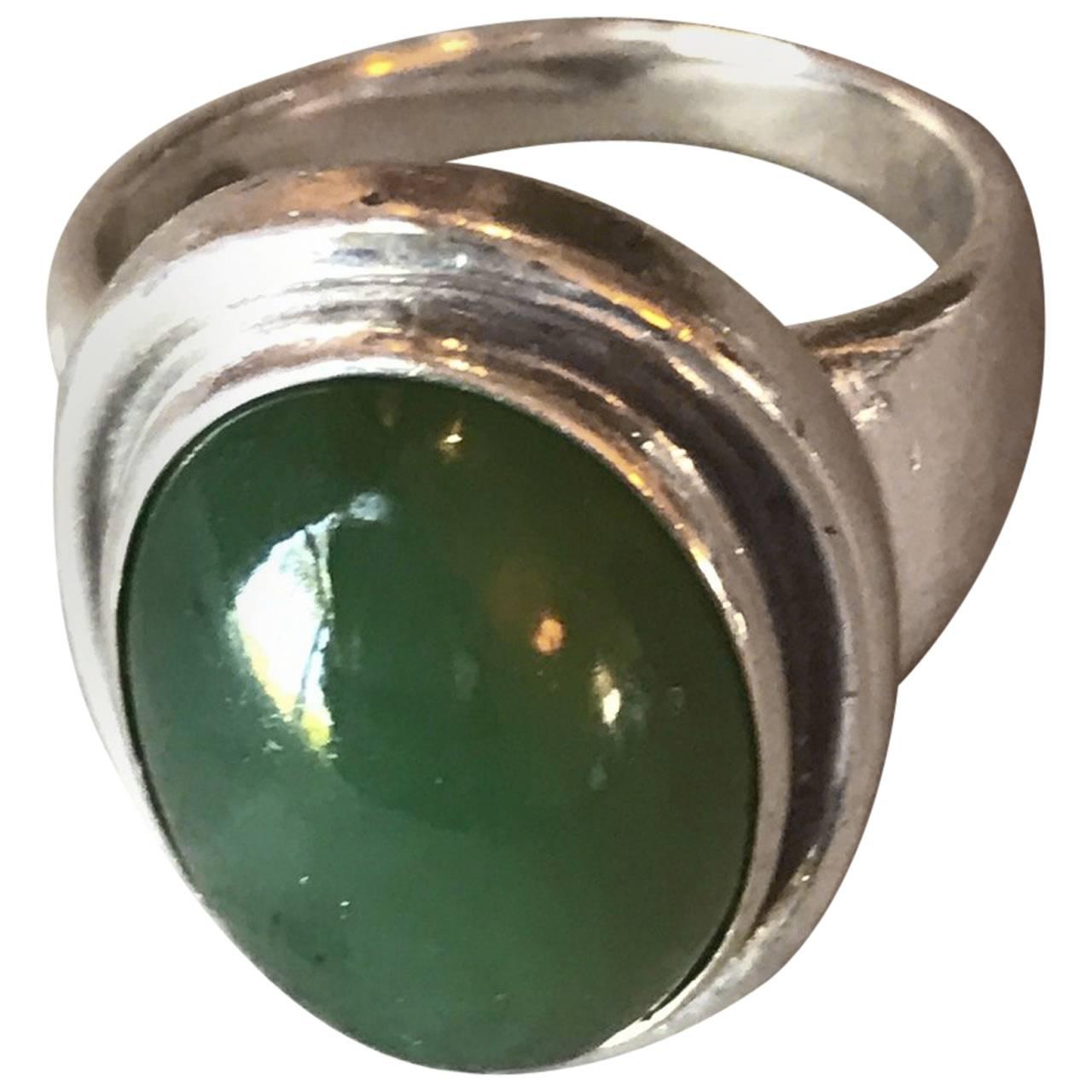 Georg Jensen Ring No. 46A with Jadeite Cabochon Stone by Harald Nielsen(size 7)  For Sale