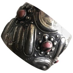 Unique Repousse 900 Silver Cuff with Rhodonite Cabochons, circa 1920s