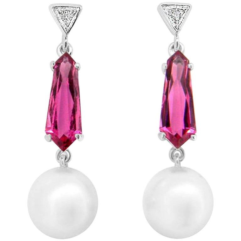 South Sea Pearl Pink Tourmaline Diamond Drop Earrings For At South Sea Pearl Pink Tourmaline Diamond Drop Earrings For