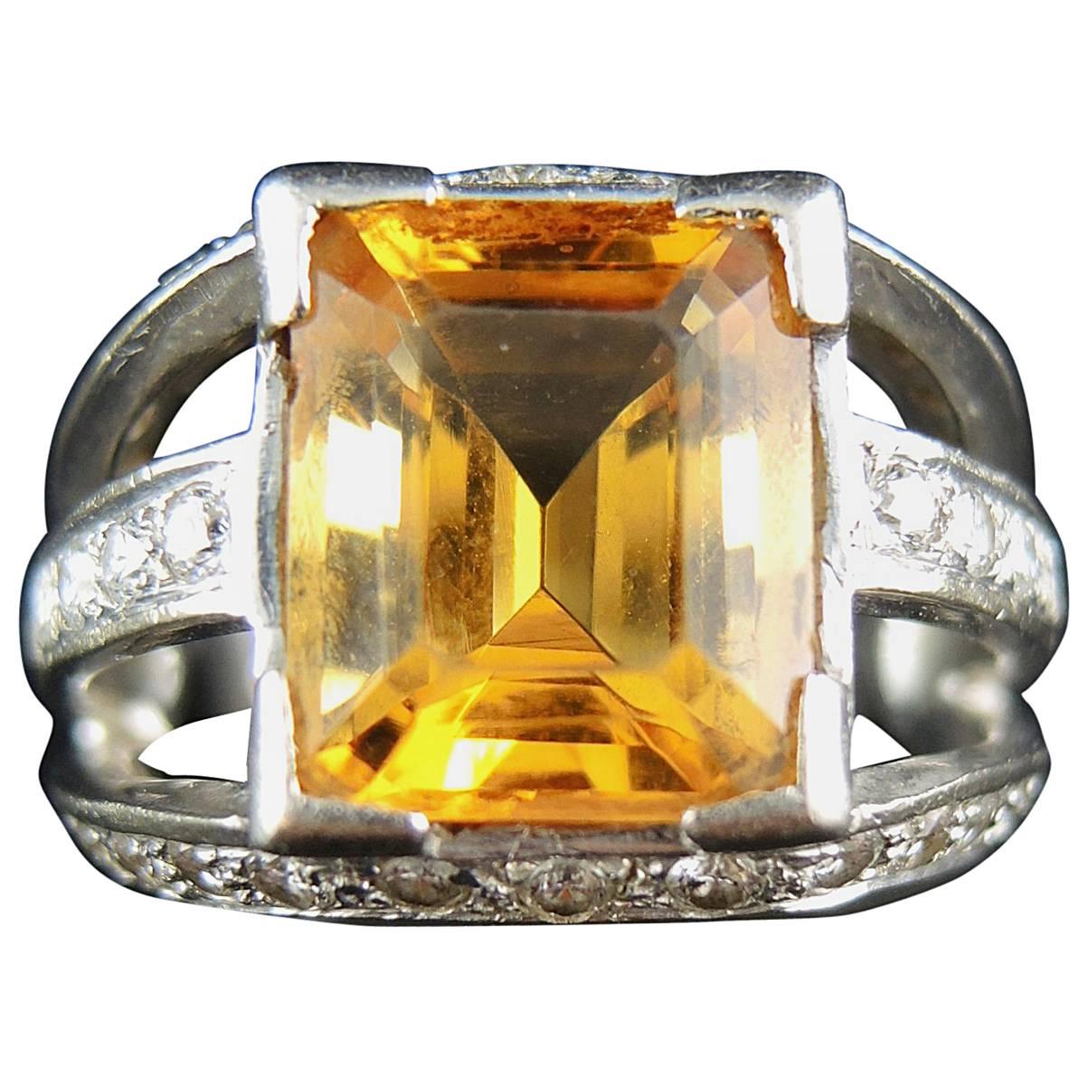 French White Gold Citrine, and Diamonds Ring For Sale