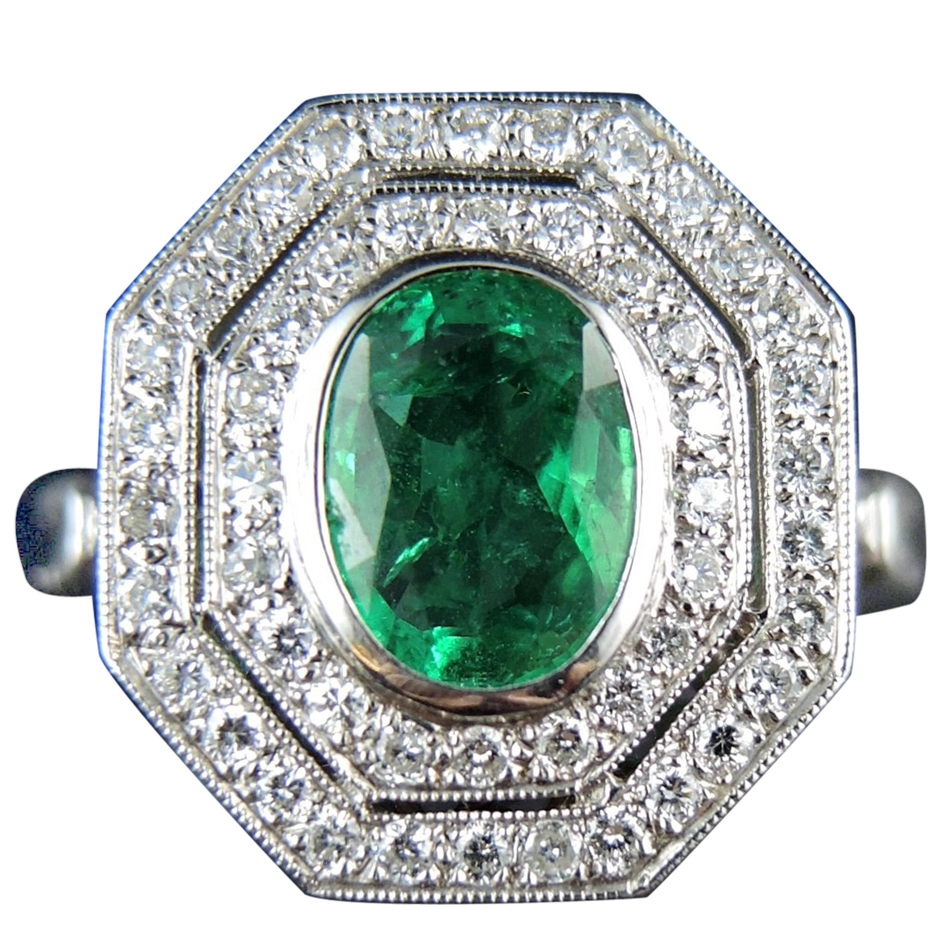 French Emerald Diamond Engagement Cluster Ring 