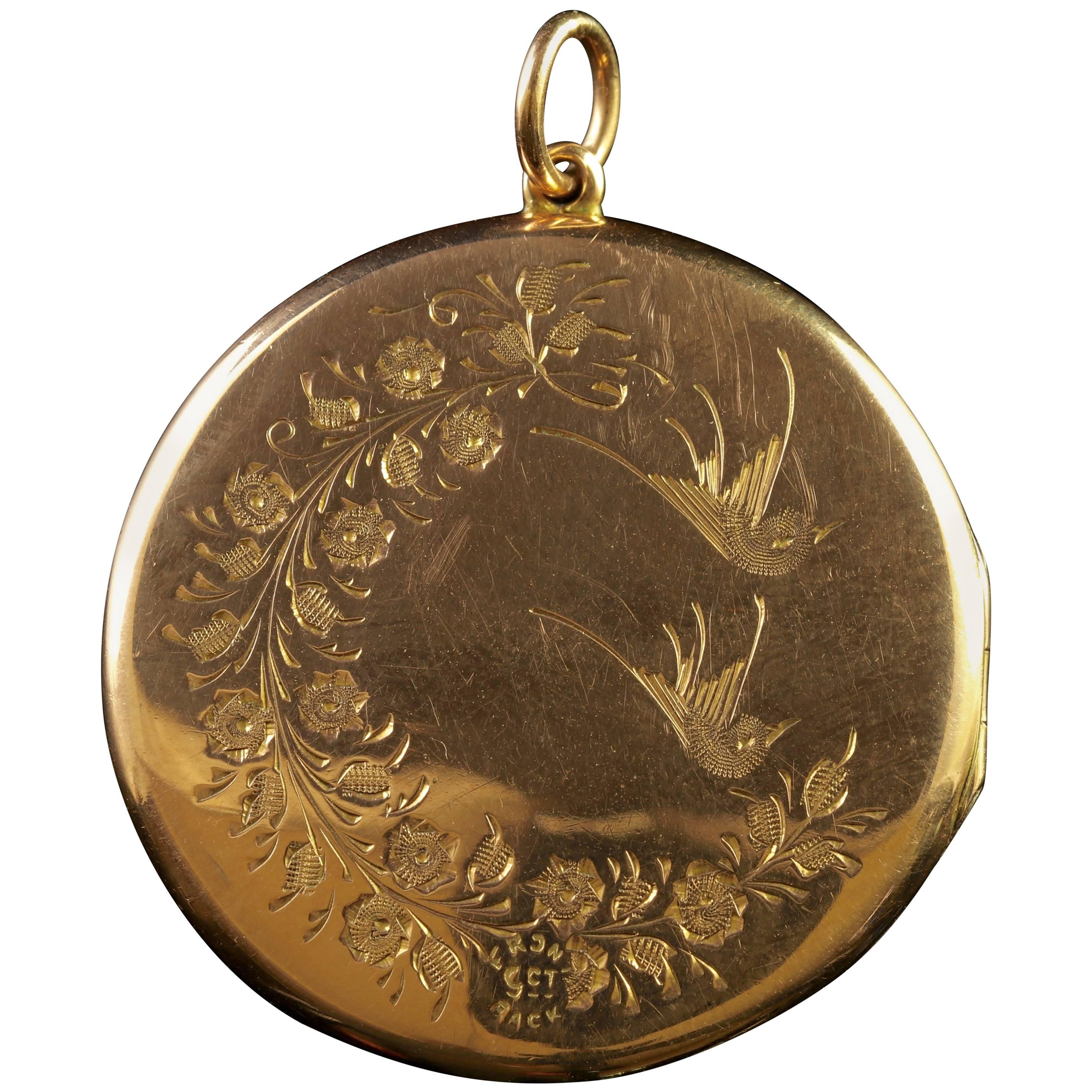 Antique Victorian Rose Gold Locket Love Bird Scene
