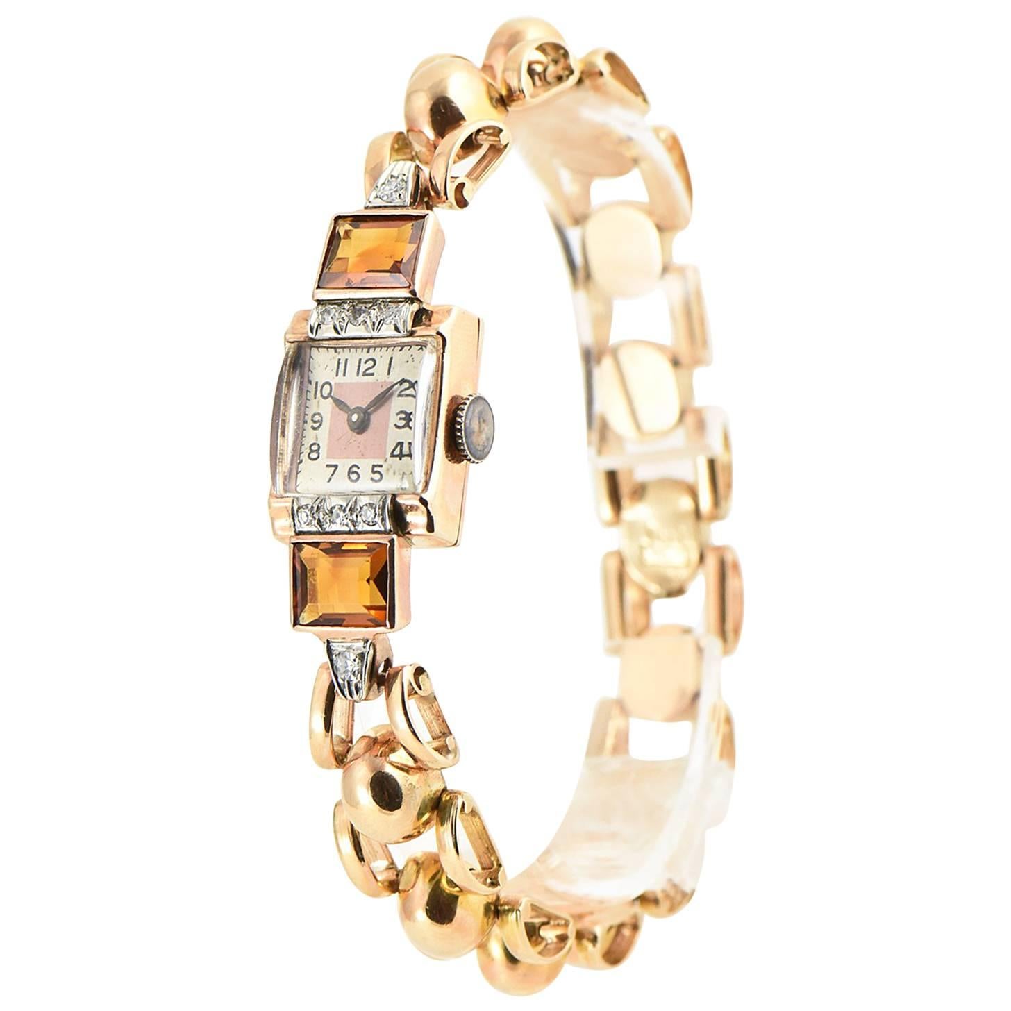 Retro Ladies Rose Gold Diamond Citrine Wristwatch, Circa 1940s