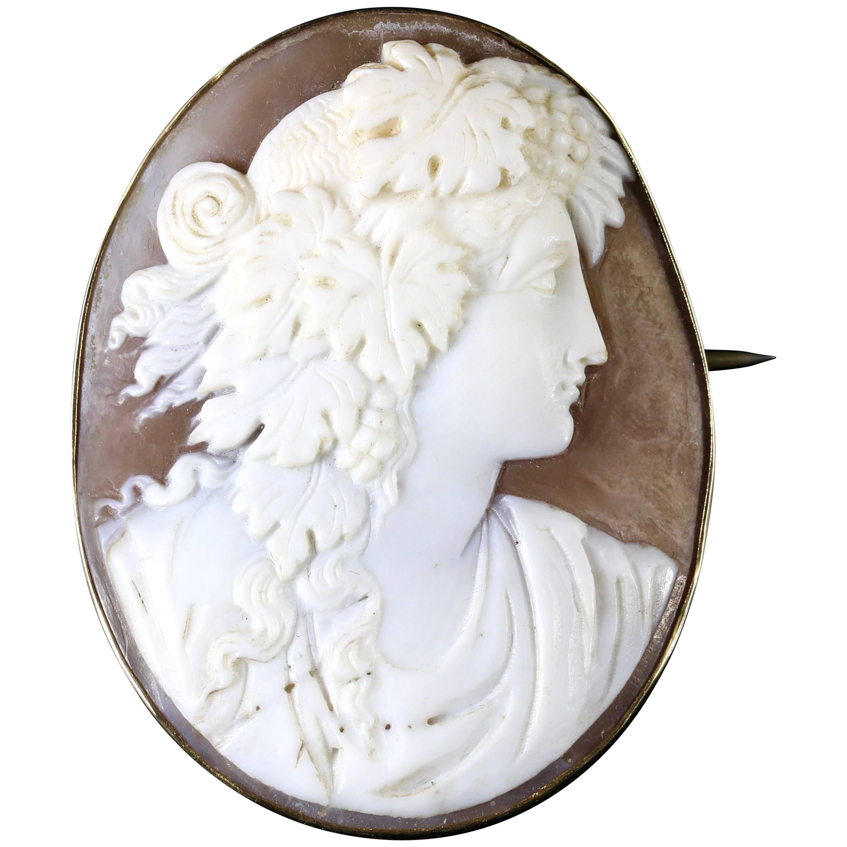 Antique Victorian Shell Portrait Cameo Brooch 9 Carat Gold For Sale