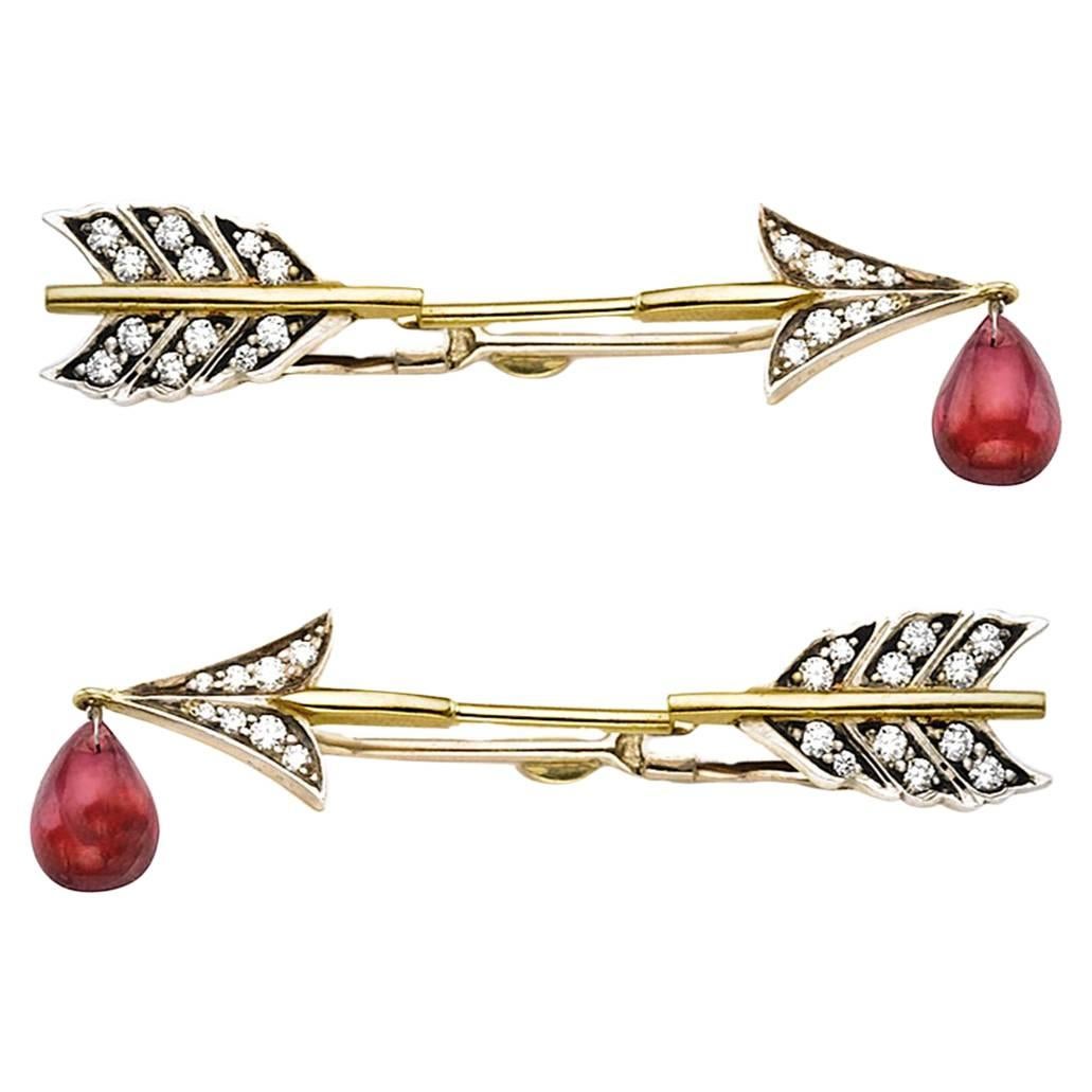 Ark Design, Stud Earrings, Gold and Diamonds with Ruby Blood Drop For Sale