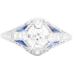 Gorgeous Art Deco Diamond and Sapphire Filigree Engagement Ring in Platinum