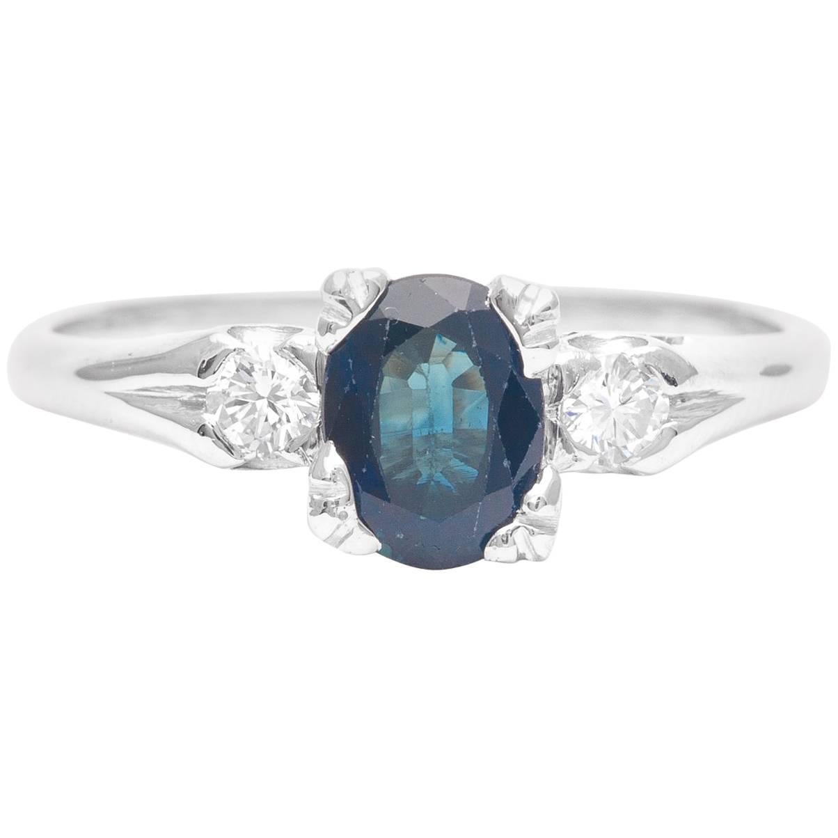Midcentury Sapphire and Diamond Three-Stone Ring in Platinum For Sale