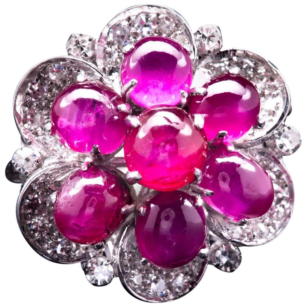 Midcentury Retro Ruby and Diamond Flower Ring in Platinum