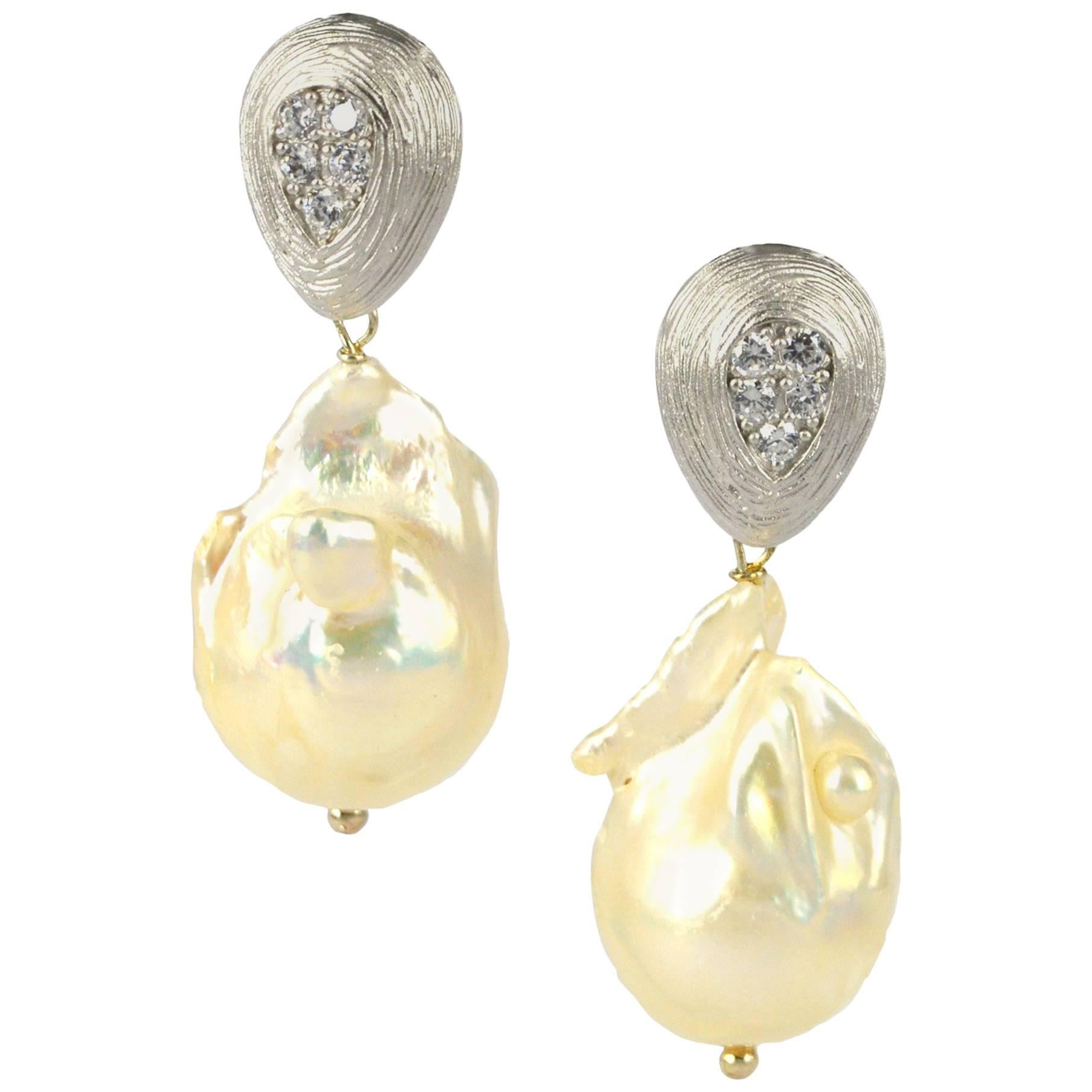 Decadent Jewels Baroque Fresh Water Pearl Silver CZ Earrings