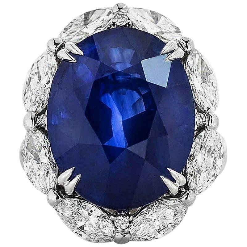 Sri Lankan Oval Sapphire and Marquise Cut Diamonds GRS Certified Ring