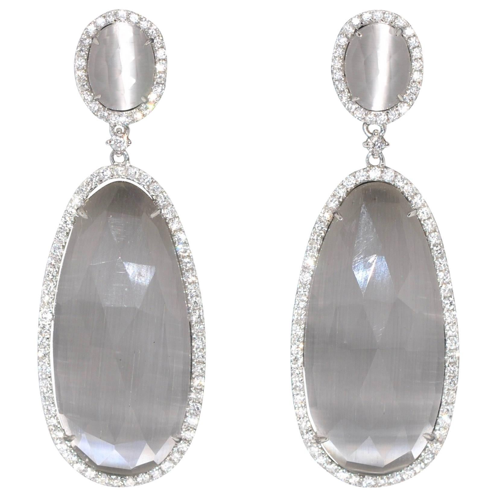 Quartz and White Diamonds on White Gold Chandelier Earrings