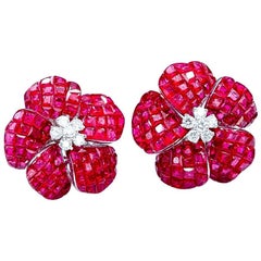 White Gold Ruby Diamond Flower Stud Earrings