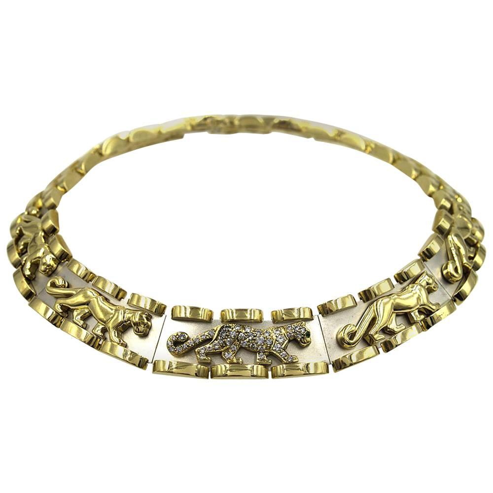 Diamond Panther Two-Tone Gold Link Choker Necklace
