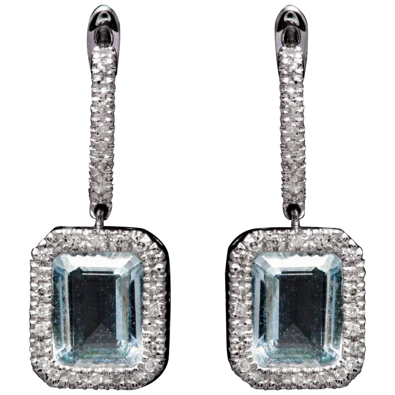 Aquamarine Diamond Halo Dangle Earrings in White Gold For Sale