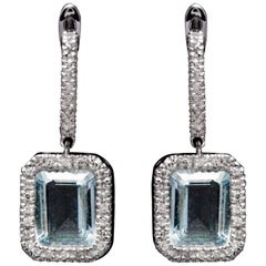 Aquamarine Diamond Halo Dangle Earrings in White Gold