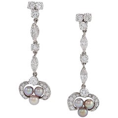 Art Deco Diamond, Natural Pearl and Platinum Earrings 1