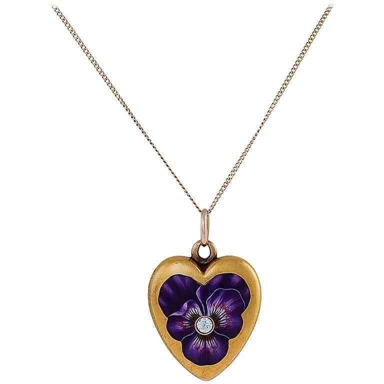 Early 20th Century Gold and Enamel Heart or Pansy Locket