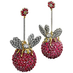 Vintage Ark Design, Diamond, Rubies, Yellow Gold and Silver Drop Earrings