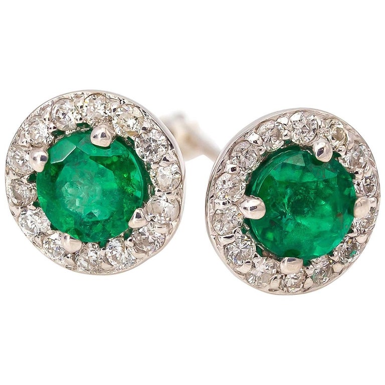 Bright Green Emerald Earring with Diamond Halo For Sale at 1stDibs