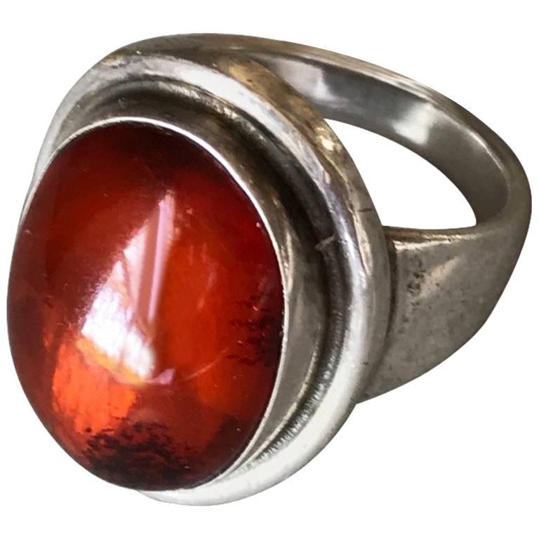 Georg Jensen Sterling Silver Amber Ring by Harald Nielsen, No. 46A (Size 7) For Sale