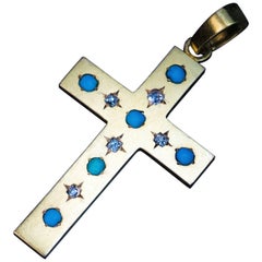 Antique Russian Turquoise Diamond Gold Cross Pendant, 1872