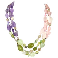 Decadent Jewels Rose Quartz Amethyst Jade Pearl Prehnite torsade Silver Necklace