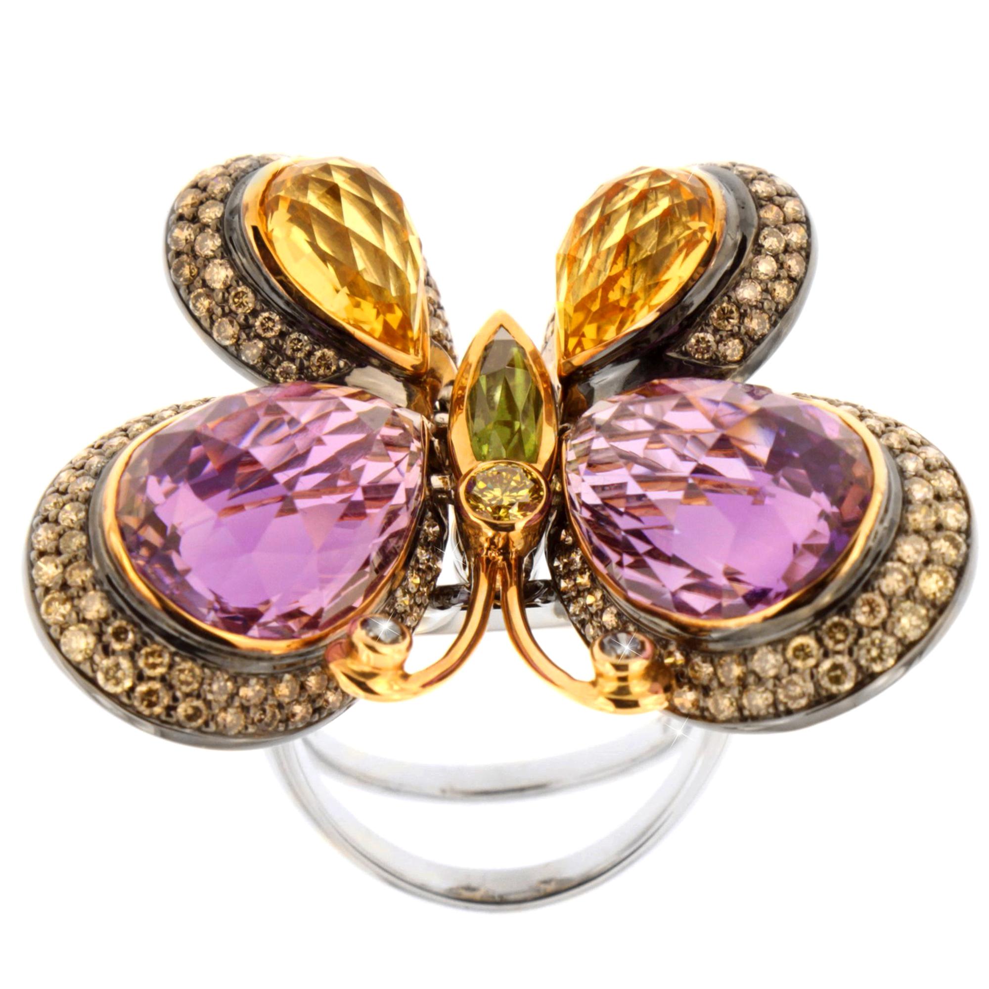Zorab Creation, the Madam Butterfly Fluttering Ring in Amethyst and Diamonds For Sale