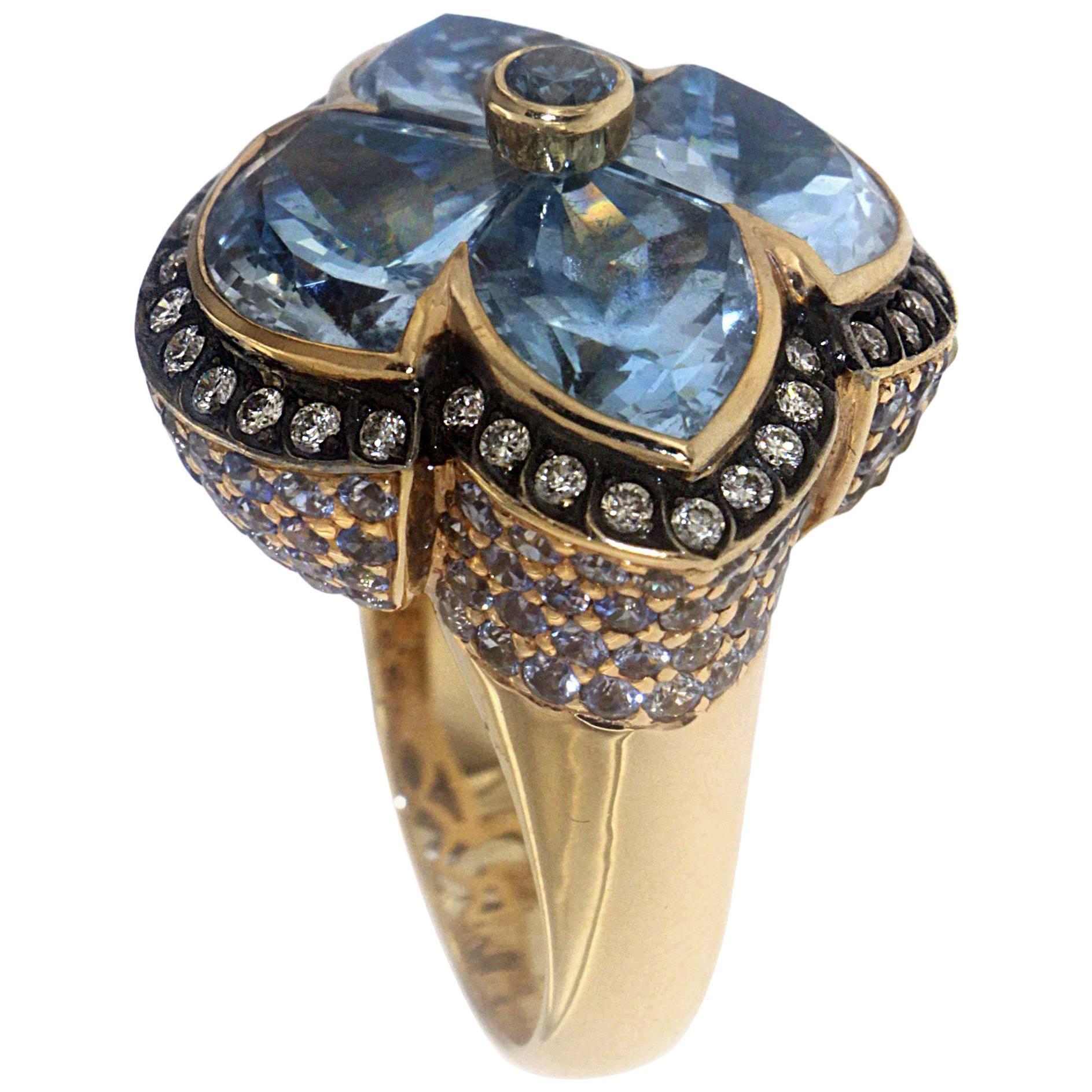 Zorab Creation Blue Topaz and Blue Sapphire Diamond Cocktail Ring