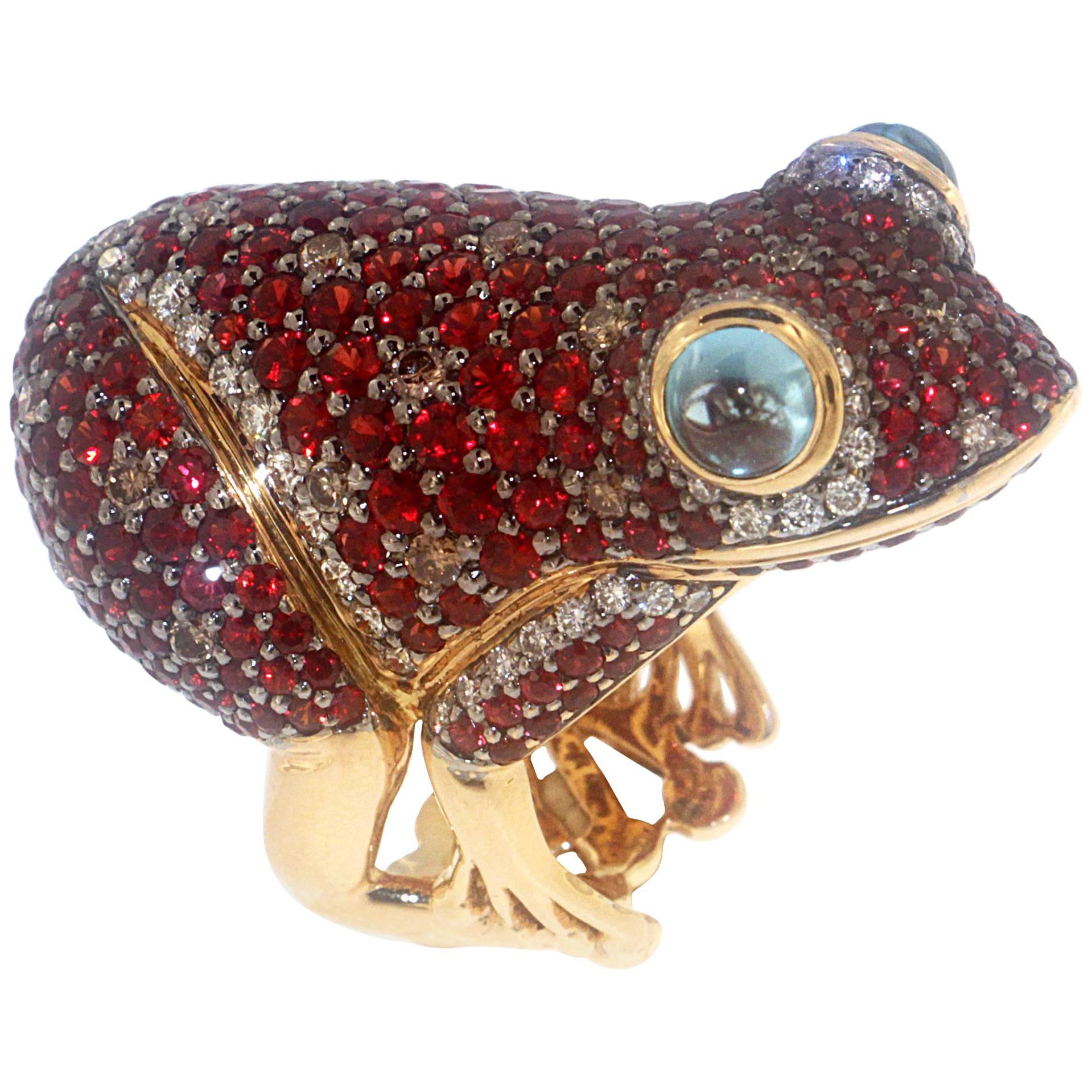 Zorab Creation Red Sapphire Brown and White Diamond Frog Ring For Sale