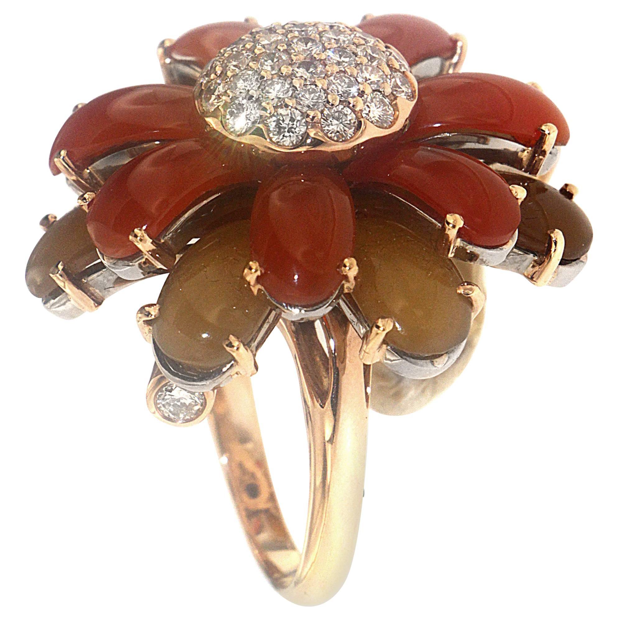 Zorab Creation Carnelian and Yellow Chalcedony Diamond Flower Cocktail Ring For Sale