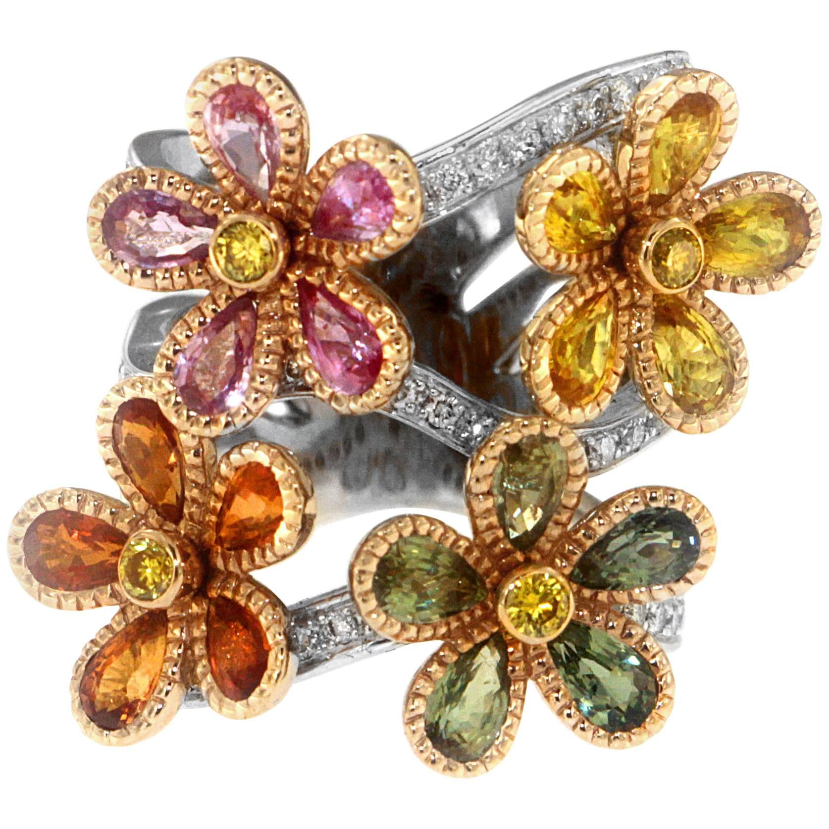 Zorab Creation Blooming Sapphire Flowers with Yellow Diamonds Ring