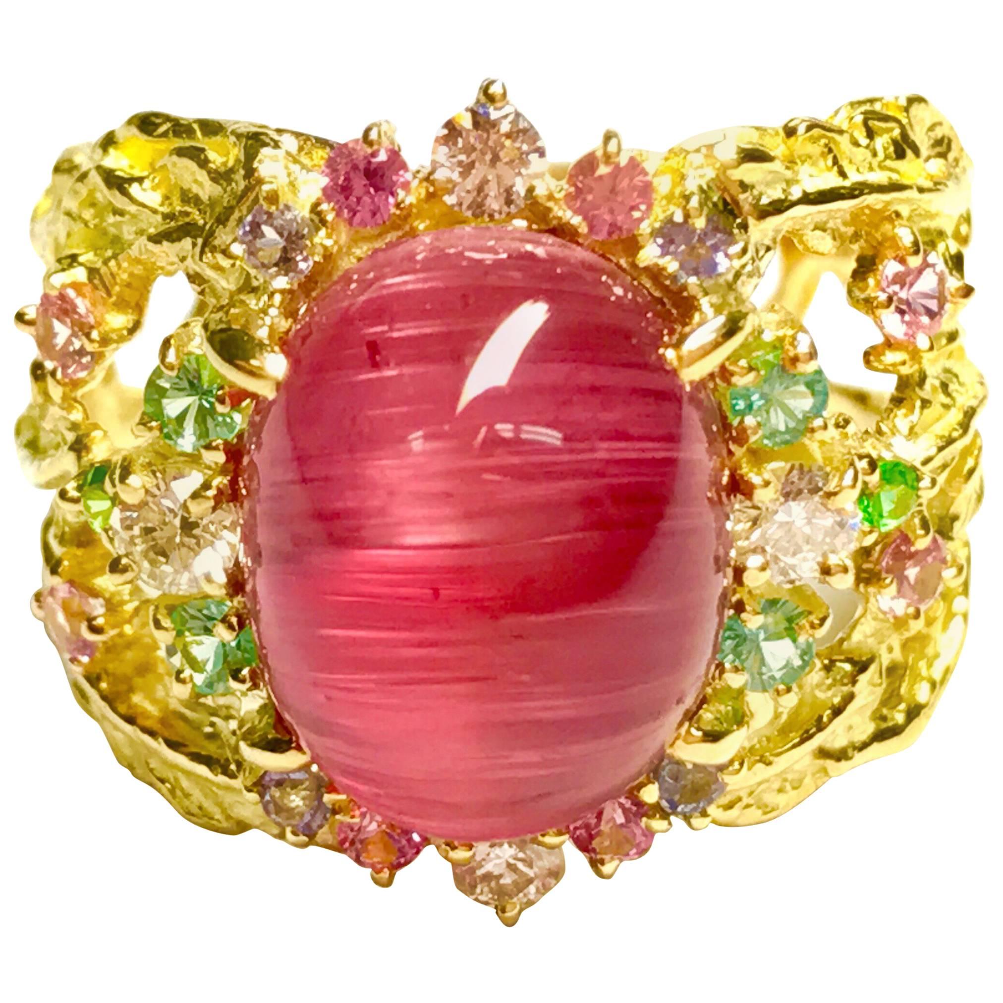 Matsuzaki K18 Cabochon Pink Tourmaline Cat's Eye Sapphire Garnet Diamond Ring For Sale