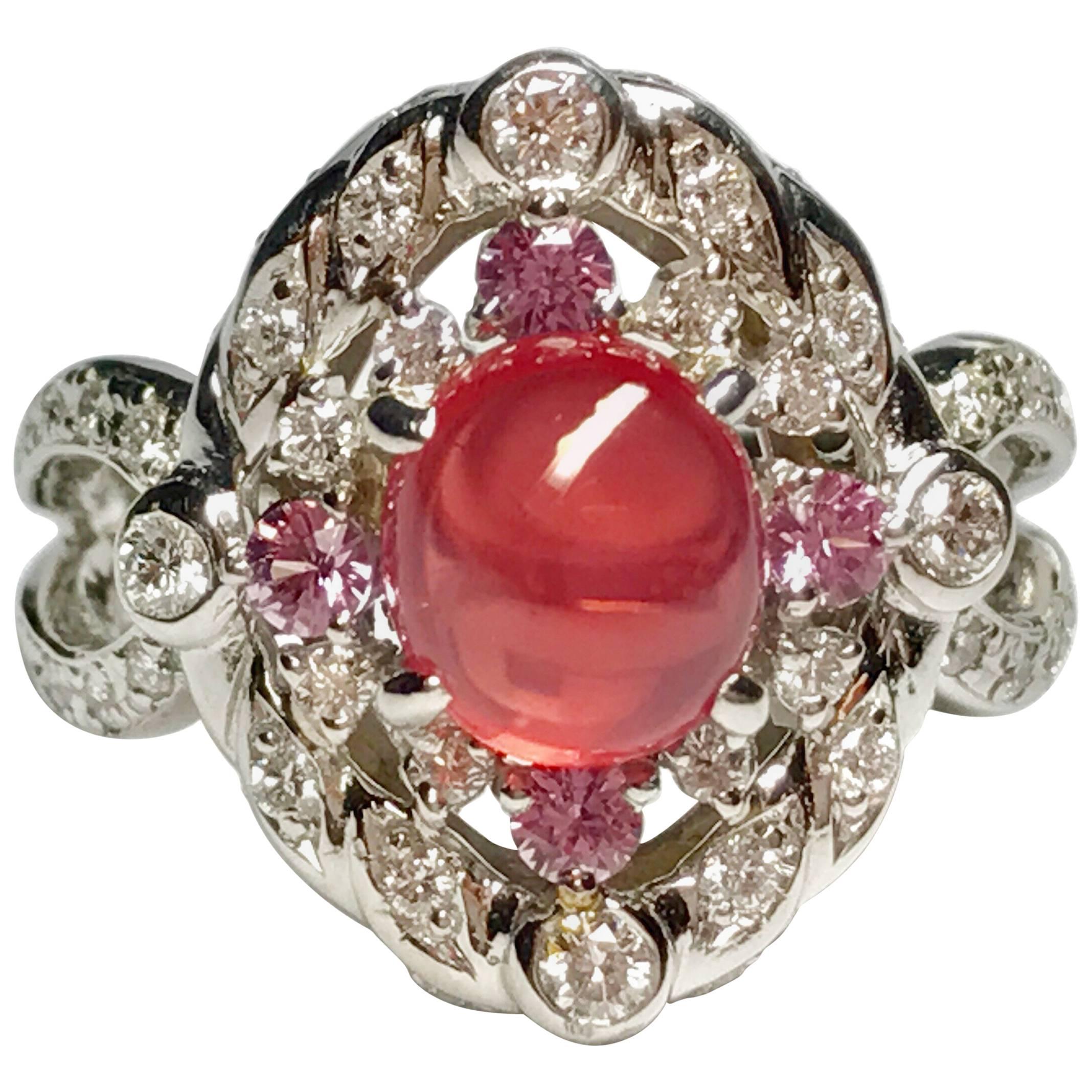 Matsuzaki PT900 Cabochon Pink Spinel Pink Sapphire Diamond Ring For Sale