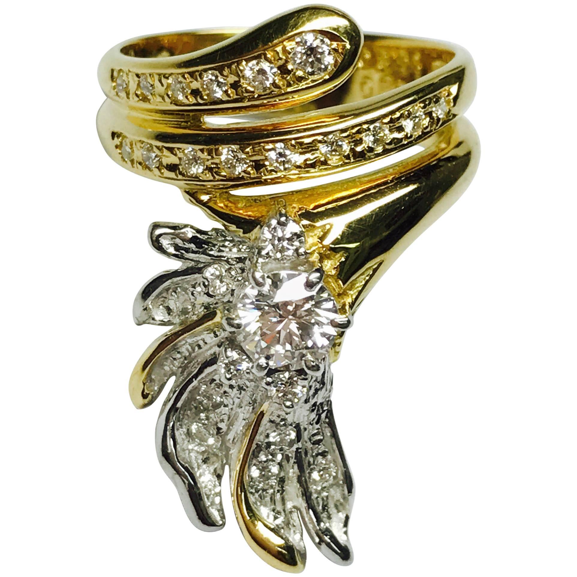 Matsuzaki Diamond Platinum Gold Feather Ring For Sale