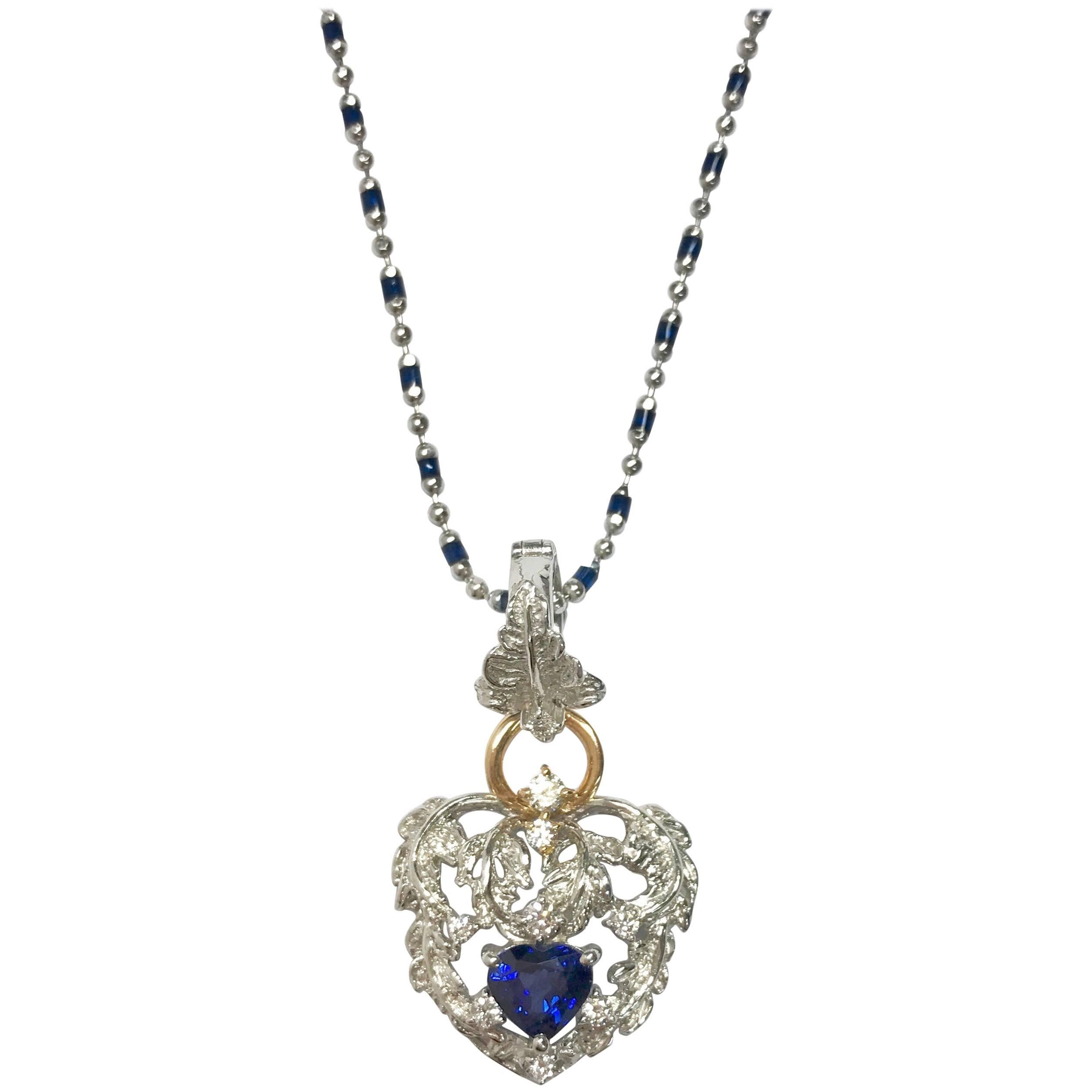 Matsuzaki Pt900 K18WG PG Blue Sapphire Diamond Leaf Motif Pendant Necklace For Sale