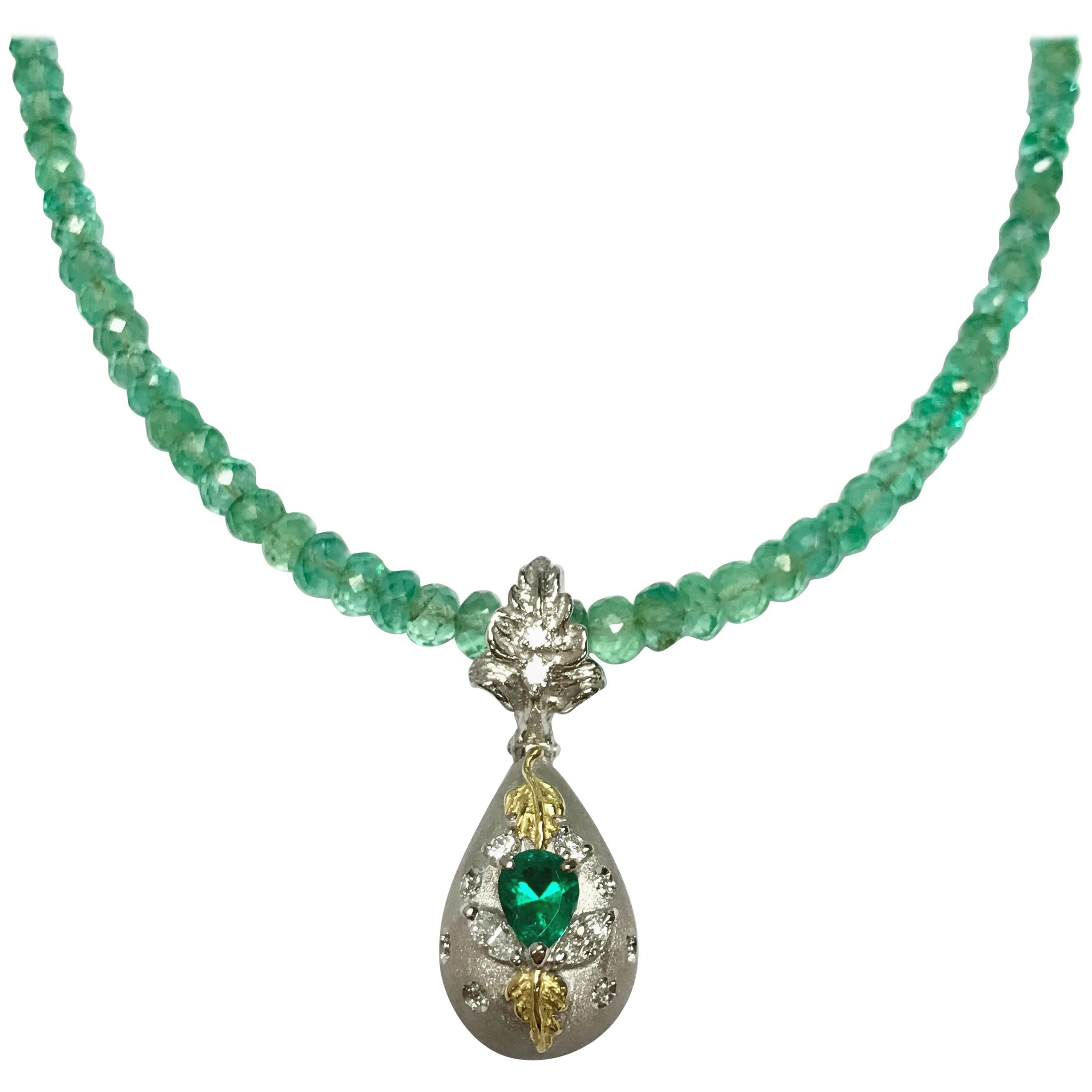 Matsuzaki Pear-shaped Emerald Diamond Locket Pillbox Gold Pendant Beads Necklace For Sale