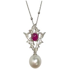 Matsuzaki K18WG Cabochon Ruby South Sea Pearl Diamond Arabesque Pendant Necklace