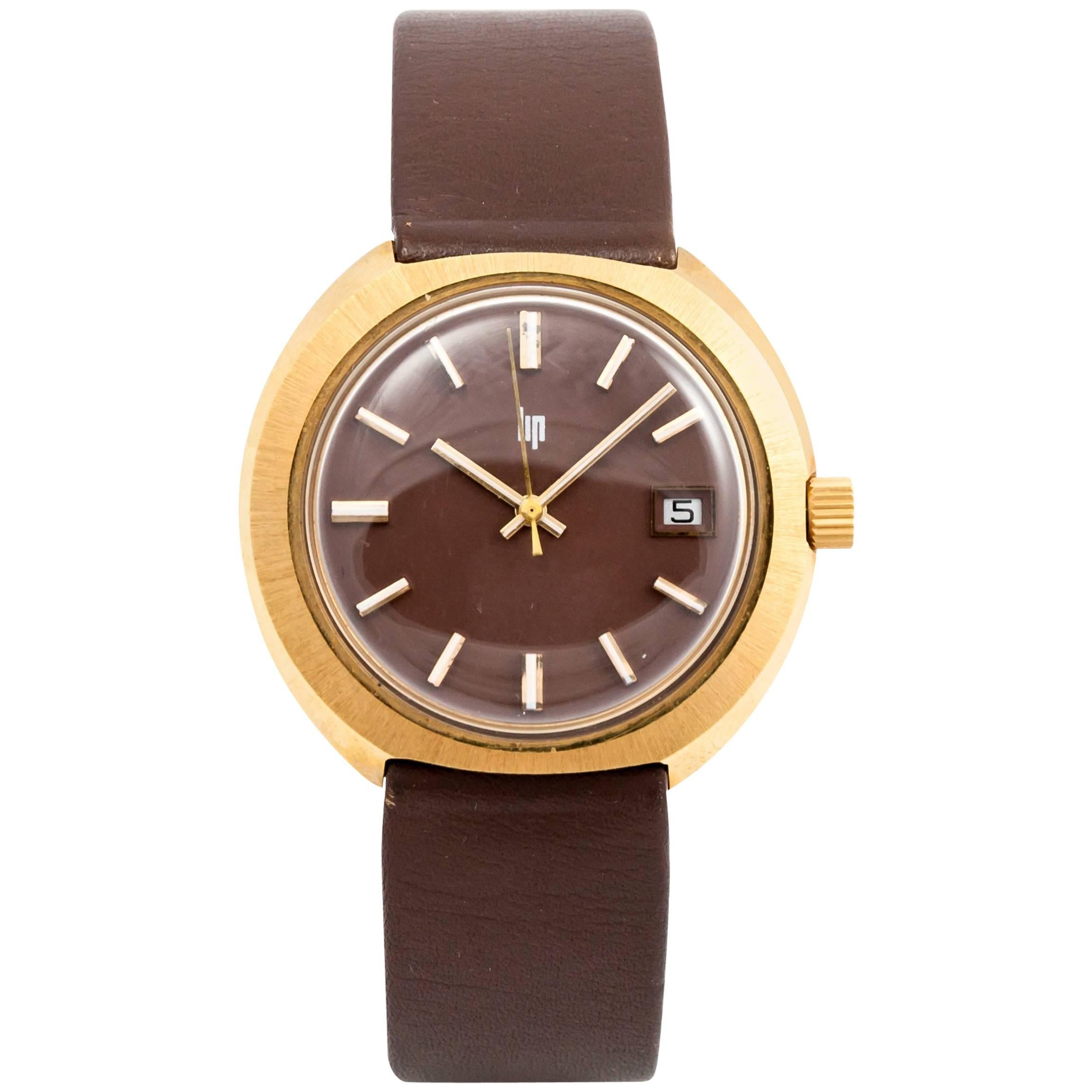 Lip Gold Plated Vintage New circa 1974 Mechanical Wristwatch For Sale