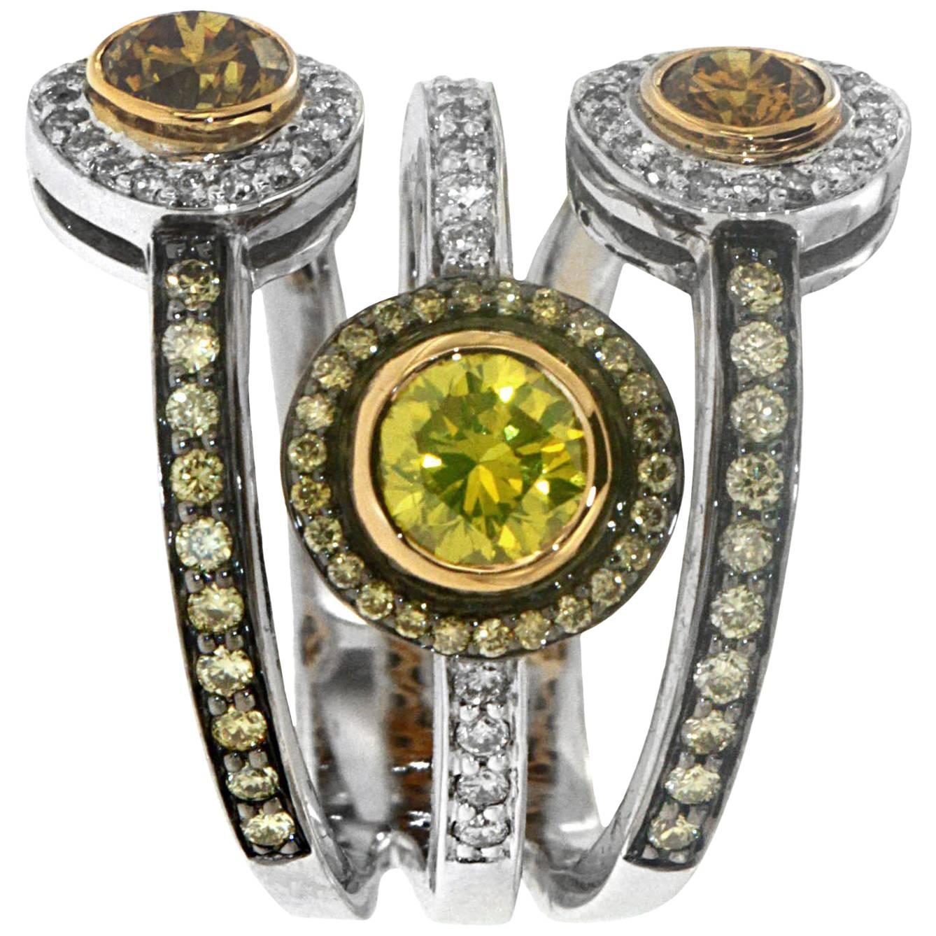 Zorab Creation Yellow Sapphire with Fancy Diamond Three Band Halo Ring For Sale
