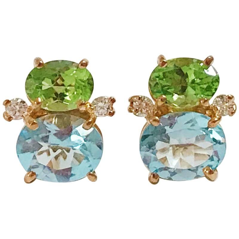 Mini-Mini- Gummi-Tropfenohrringe mit Peridot und blauem Topas und Diamanten im Angebot