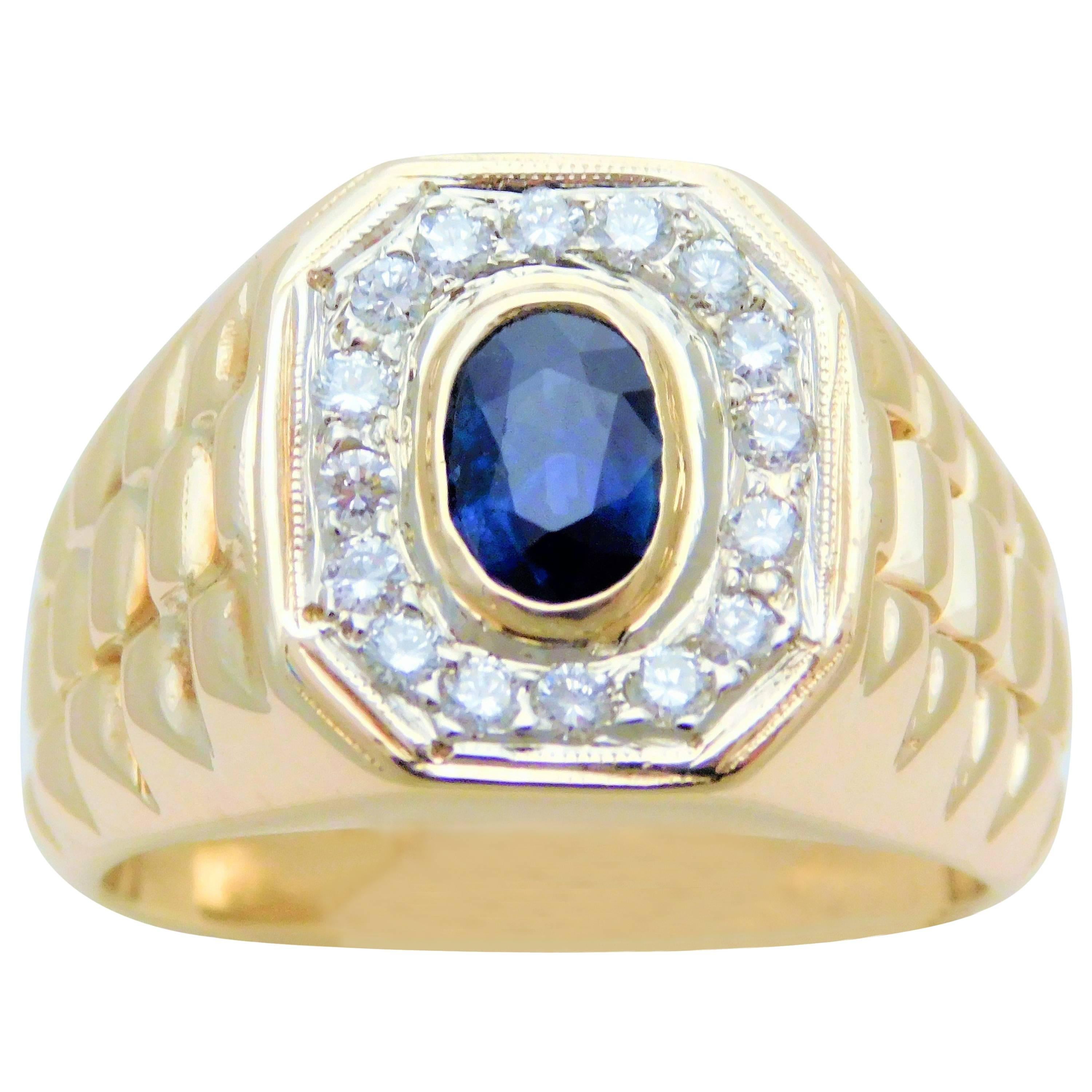 Gents Stately 14 Karat Gold Diamond and Ceylon Sapphire Ring For Sale