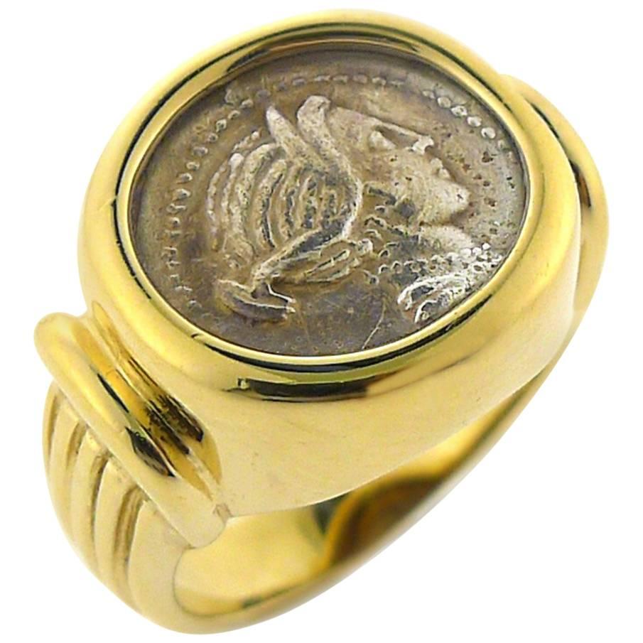 Genuine Grecian Coin Ring in 14 Karat Yellow Gold Setting For Sale