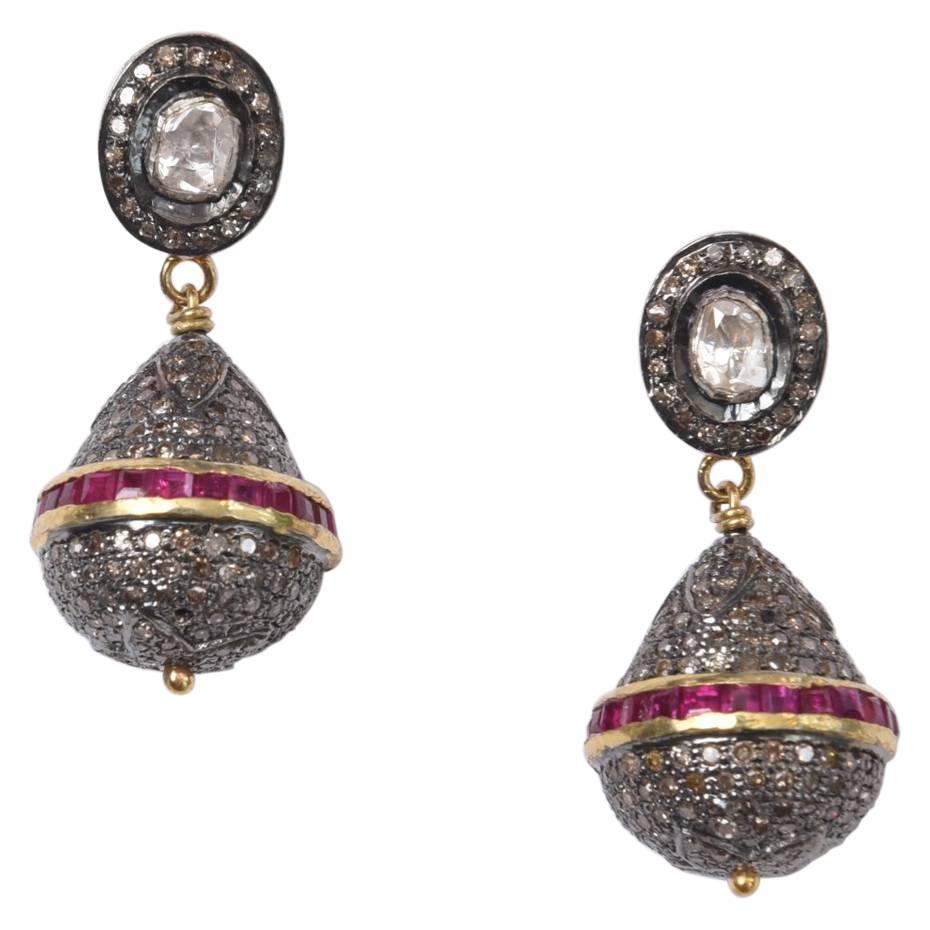 Diamond Drop Earrings with Channel-Set Rubies